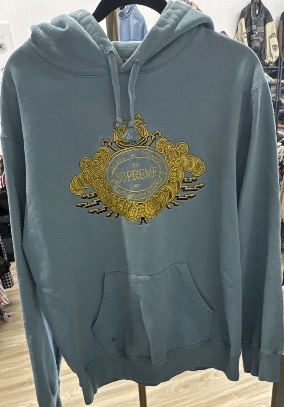 Supreme Men's Blue Graphic Print Pullover Hoodie Embroidered Pockets L